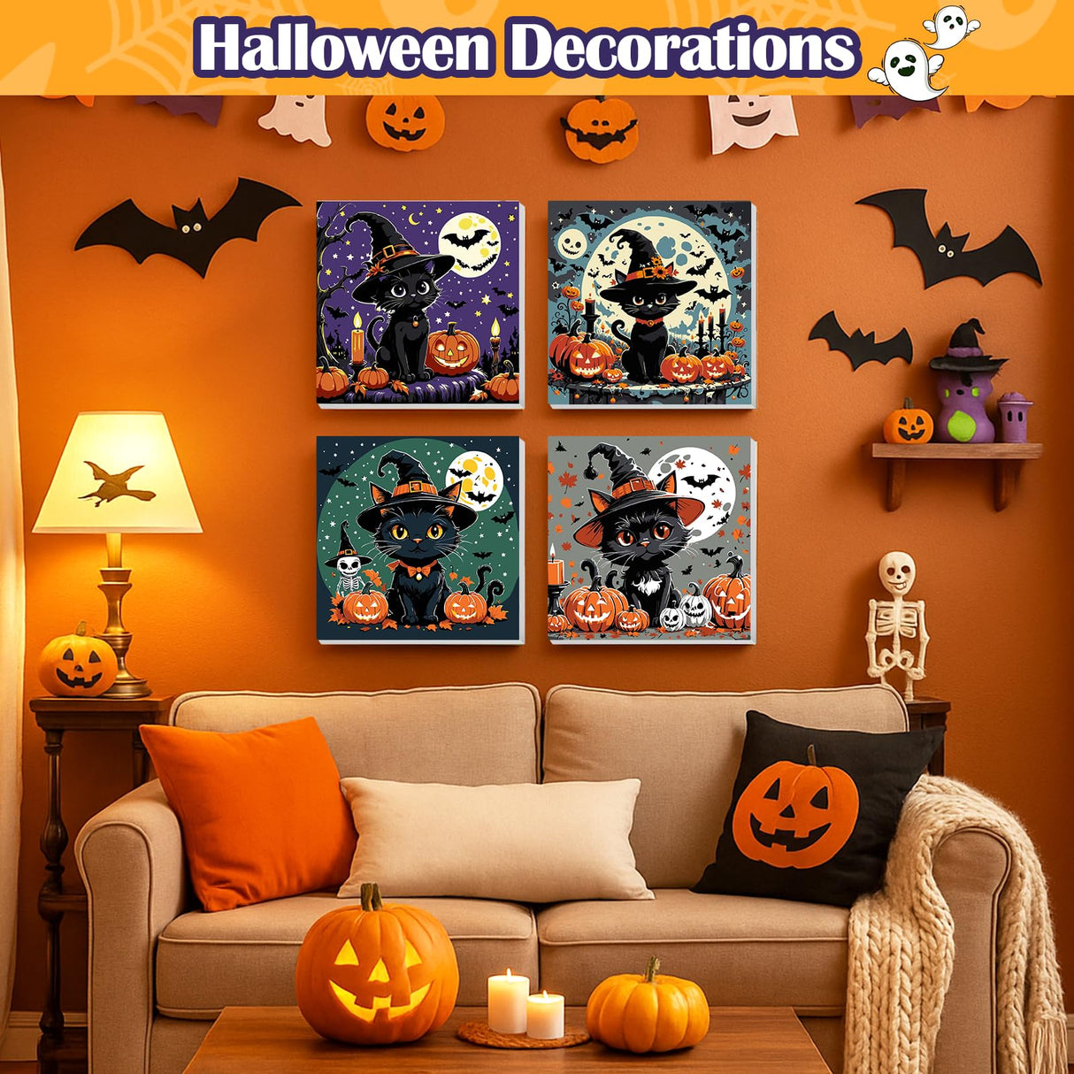 Vodolo 4 Pack Halloween Paint by Numbers Cat with Frame,Easy DIY Halloween Painting Kit Vodolo
