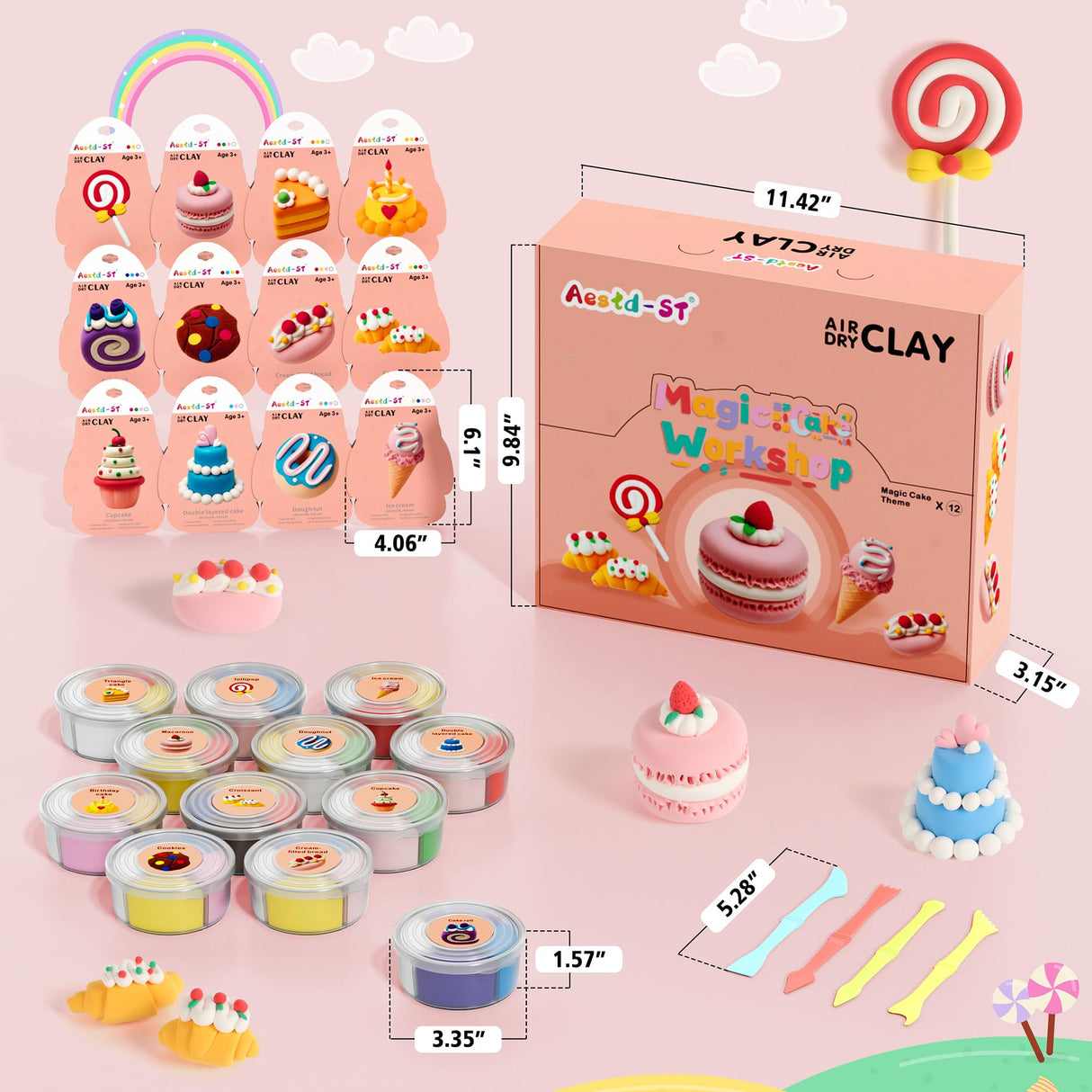 Air Dry Clay Kit - Cake Themed, Modeling Clay for Kids, DIY Model Magic Clay with Sculpting Tools and Tutorials, 12 Boxes Molding Clay, Ultra Light, Soft & Non-Sticky, Arts and Crafts Gift for Kids Aestd-ST