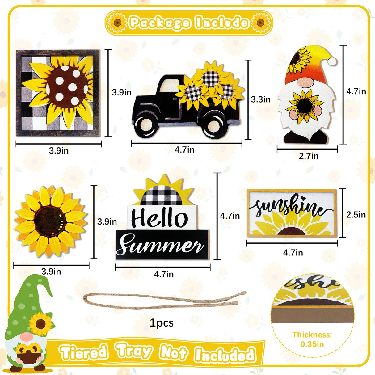Guoofu Summer Tiered Tray Decor, Farmhouse Sunflower Tray Decorations, Hello Spring Summer Sunflower Gnome Sunshine Truck Wooden Signs, Buffalo Plaid Rustic Home Decor for Table Mantel Office Party Guoofu