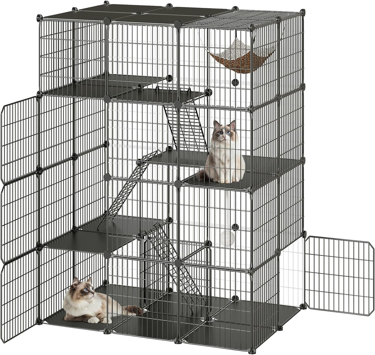 Large Cat Cage, 4-Tier Cat Enclosures Indoor, DIY Cat Kennel Detachable Metal Wire Catio Playpen with Hammock and Hanging Balls, for 1-3 Cats, Ease to Assembly, Black BK02PP03G1N1 HOOBRO