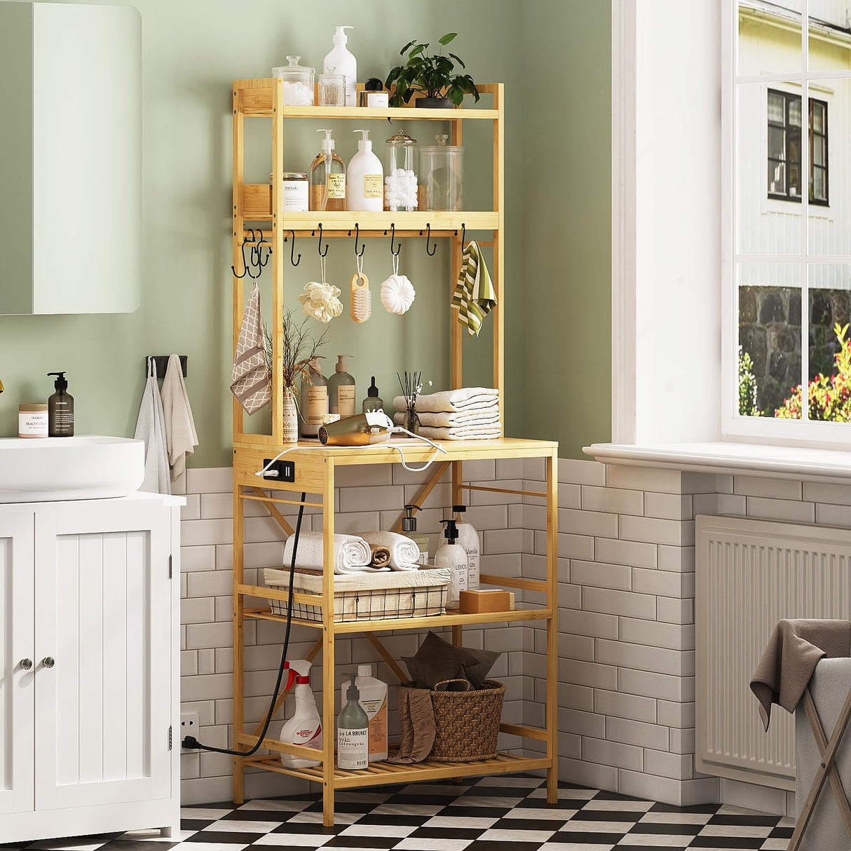 Trironsun Bamboo Bakers Rack with Charging Station 5-Tier Microwave Stand with Open Storage Shelves with 10 S-Shaped Hooks Coffee Bar Table Kitchen Utility Storage Shelf (Nature) Trironsun