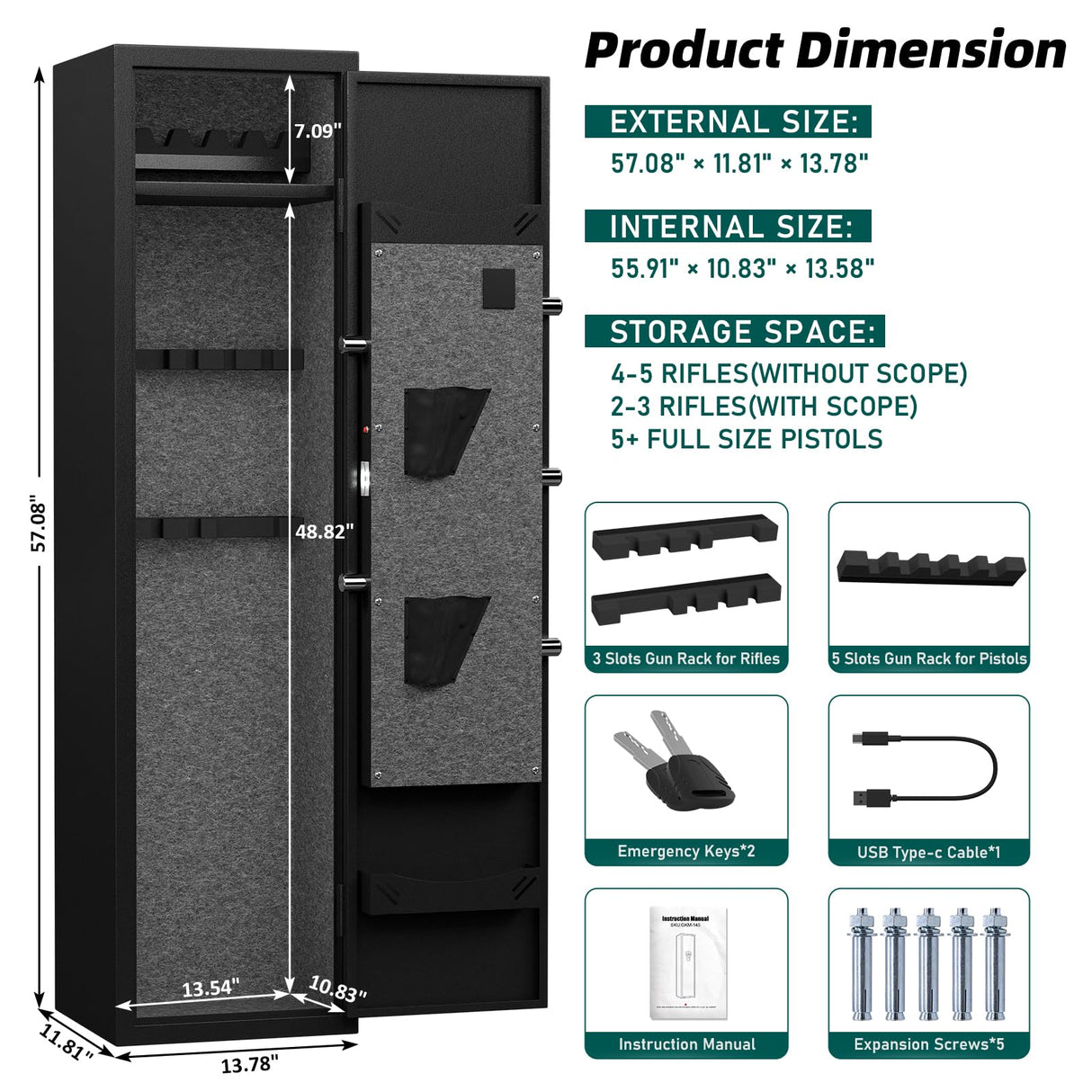 5-6 Rifle Gun Safe, Large Gun Cabinet for Home Rifles and Shotguns, Quick Access Gun Safe with LED Light and Removable Shelf kavey