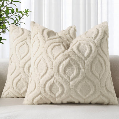 decorUhome Throw Pillow Covers 18x18 Inch Set of 2, Soft Plush Faux Wool Beige Solid Couch Pillow Covers, Accent Farmhouse Neutral Square Pillow Cases for Sofa Bed Living Room
