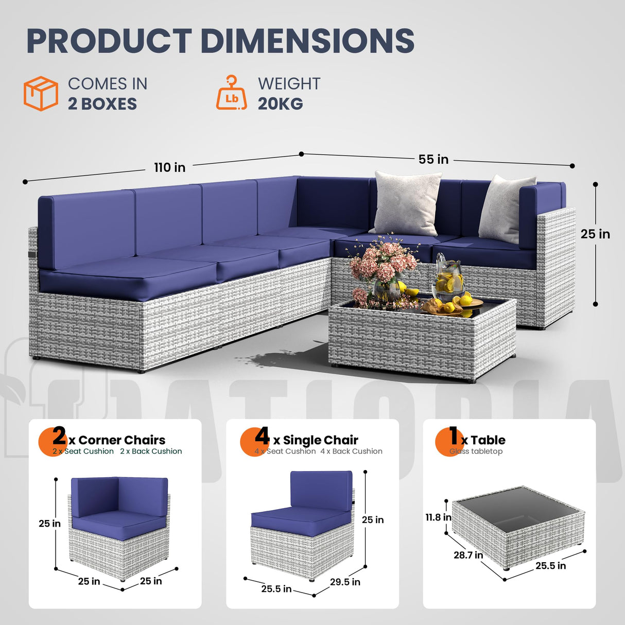 Pamapic 7 Piece Outdoor Sectional Sofa Set, All-Weather Patio Furniture with Washable Cushions, Waterproof Gray Rattan Wicker Conversation Set for Backyard, Poolside, Garden (Navy Blue Cushions) Pamapic