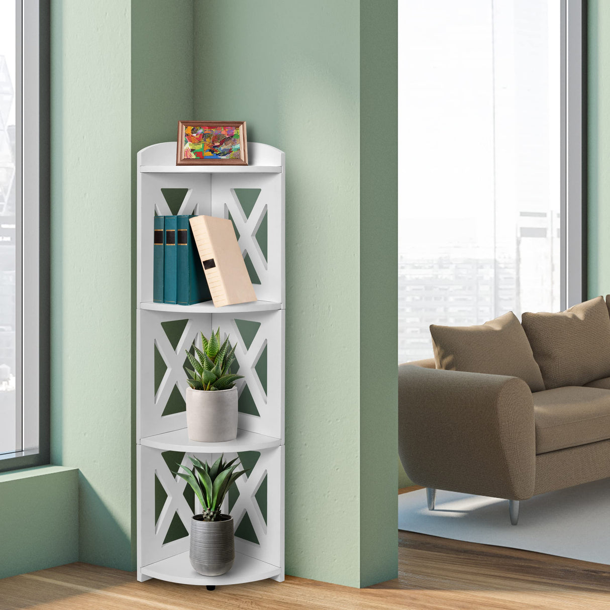 NHZ Corner Shelf Stand, Wood Corner Bookshelf, Corner Bookcase and Plant Stand (White, 4 Tier) NHZ