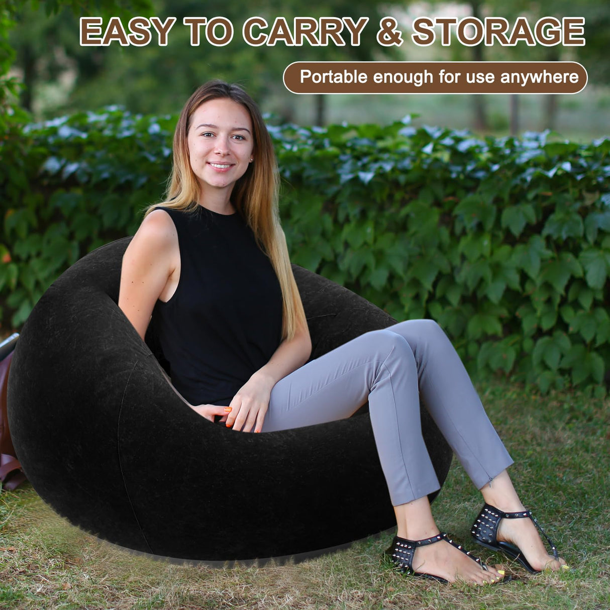 Realspring Inflatable Bean Bag Chairs for Adult Blow up Chairs Lazy Sofa Folding Portable Inflatable Chair for Movie Outdoor Room Bedroom Reading Camping(Black) Realspring