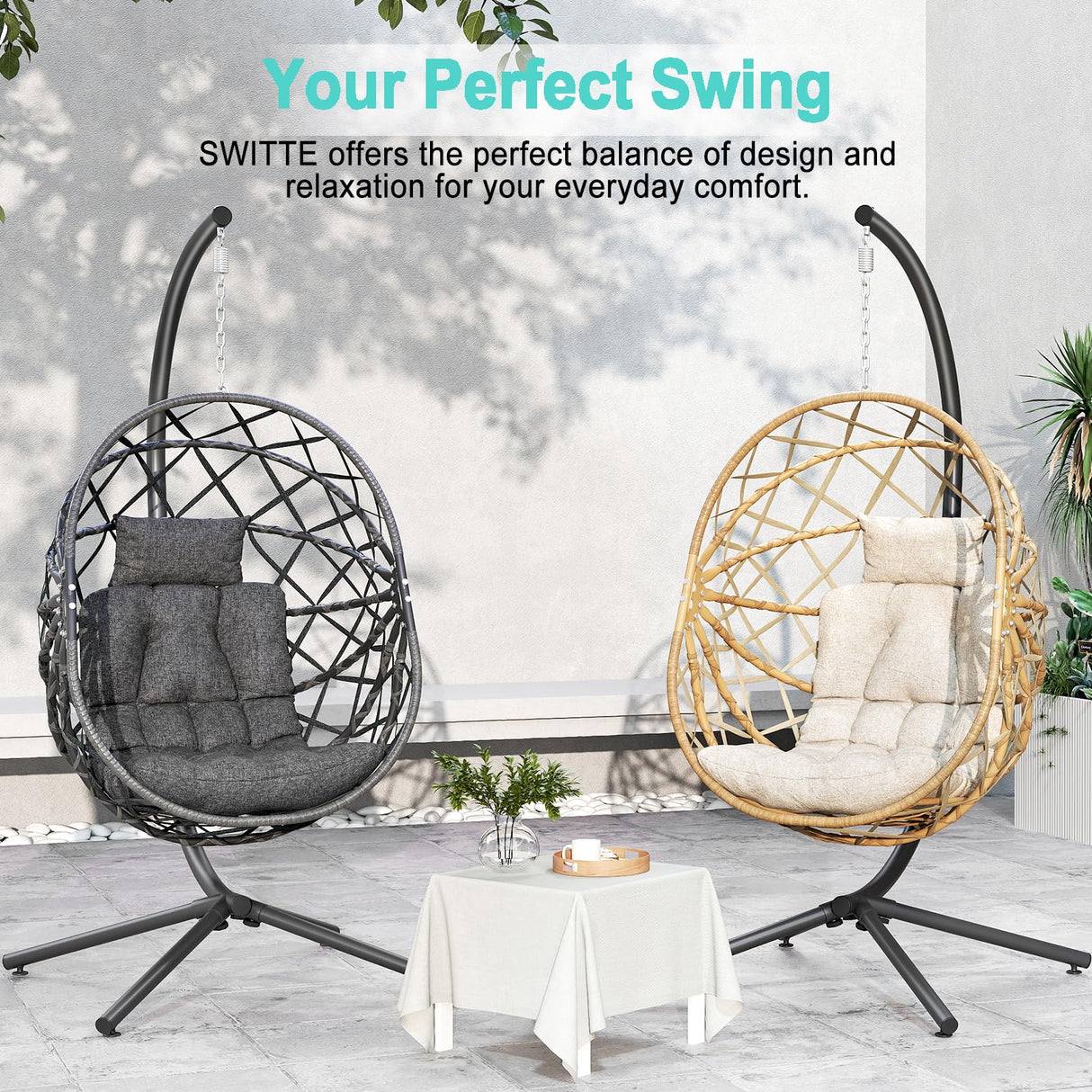 SWITTE Hanging Egg Chair with Stand, Outdoor Egg Swing Chair with Stand, Indoor Wicker Hammock Chair with Cushion for Patio, Garden-Cream SWITTE