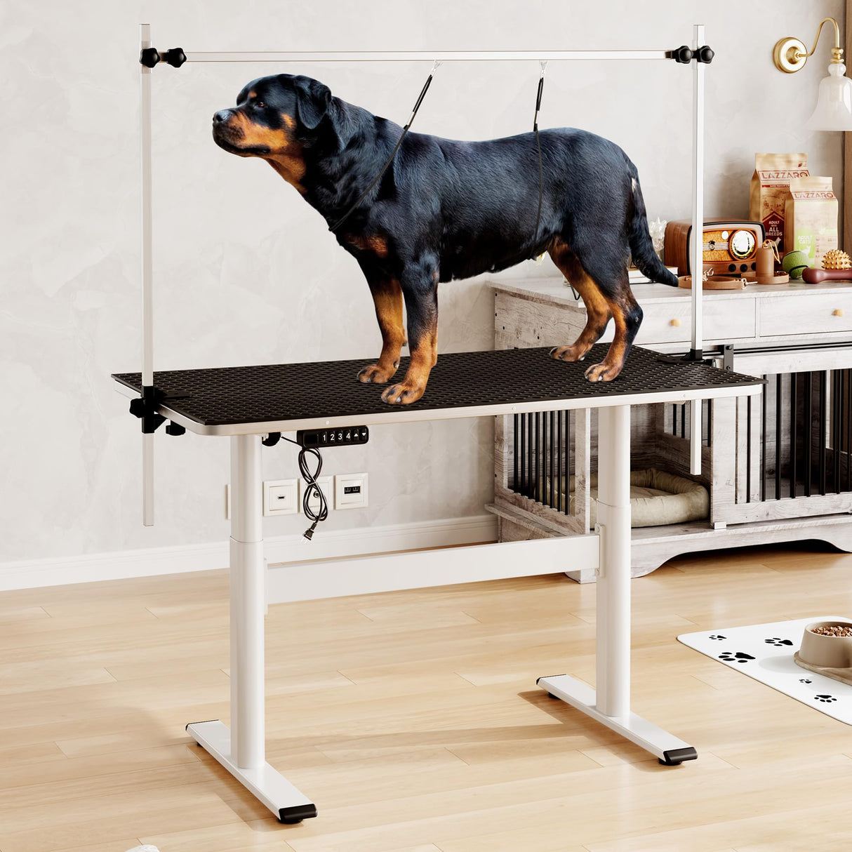 Garveelife Electric Dog Grooming Table, 46" Heavy Duty Pet Grooming Table w/Table Top & Overhead Arm Height Stepless Adjustable GarveeLife