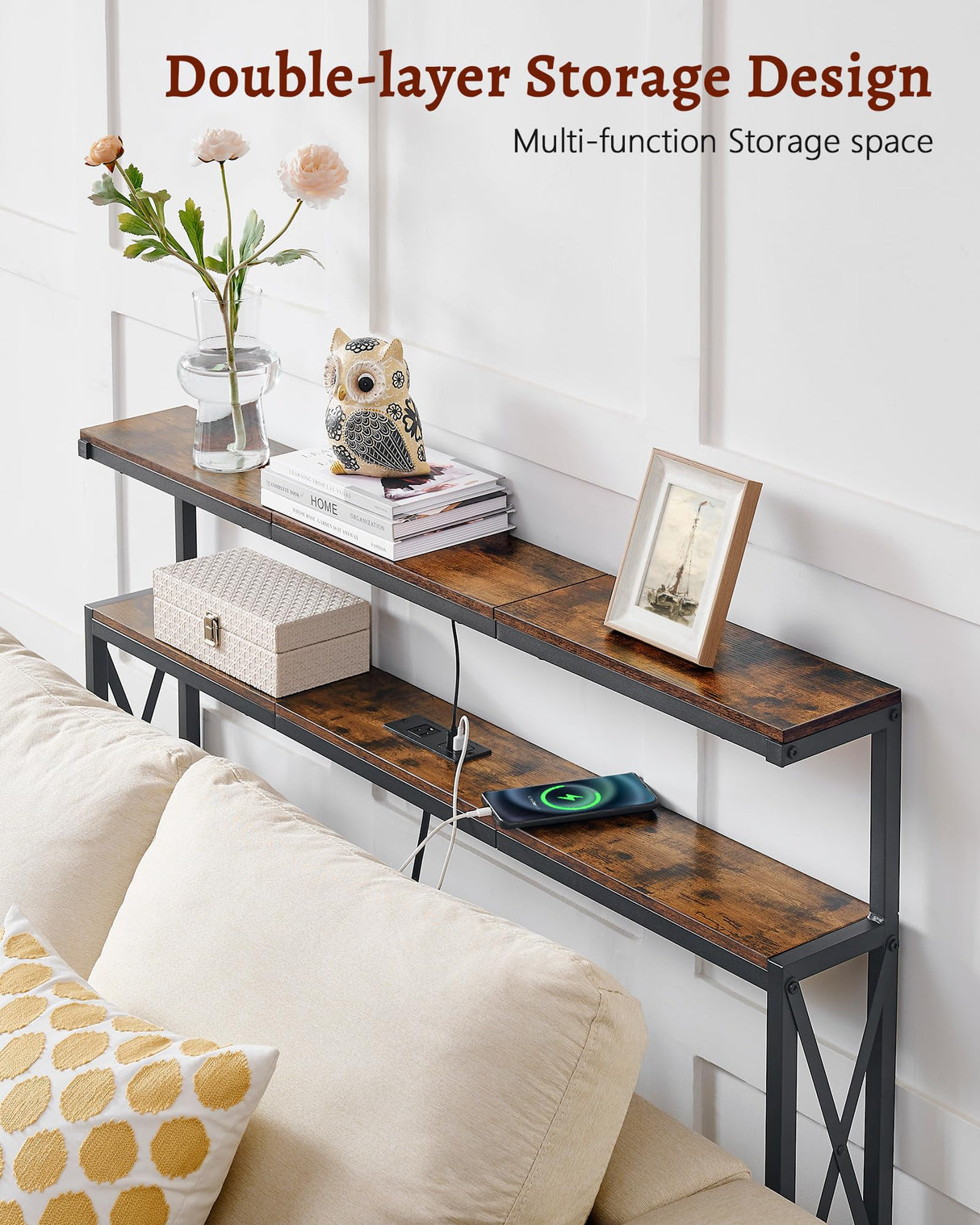 FAVOOSTY 5.9" Narrow Console Table with Led 46.8" Industrial Entryway Table with Storage Shelves, Thin Sofa Table for Living Room, Hallway, Entry Way, Foyer, Kitchen, Rustic Brown&Black FAVOOSTY