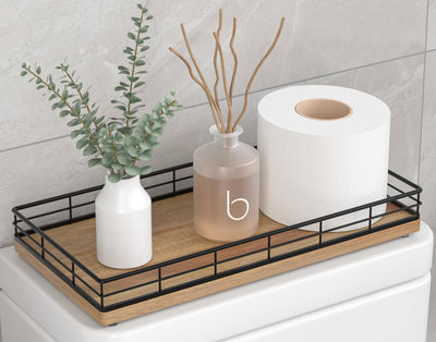 Toilet Paper Basket Organizer โ Acacia Wood Toilet Tank Tray with Metal Frame, Back of Tank or Top Bathroom Counter Storage โ Black & Acacia Modern Decor