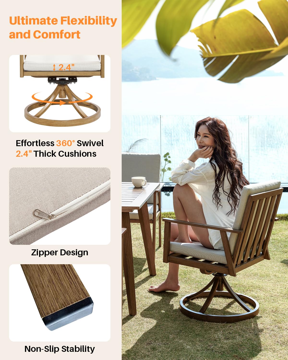 SeeHill 9 Pieces Patio Dining Set for 8, Outdoor Aluminum Dining Furniture Set with Umbrella Hole, Outdoor Patio Table Sets with 2 Swivel Chairs, 4 Dining Chairs and Table for Deck Yard Poolside, Teak SEEHILL