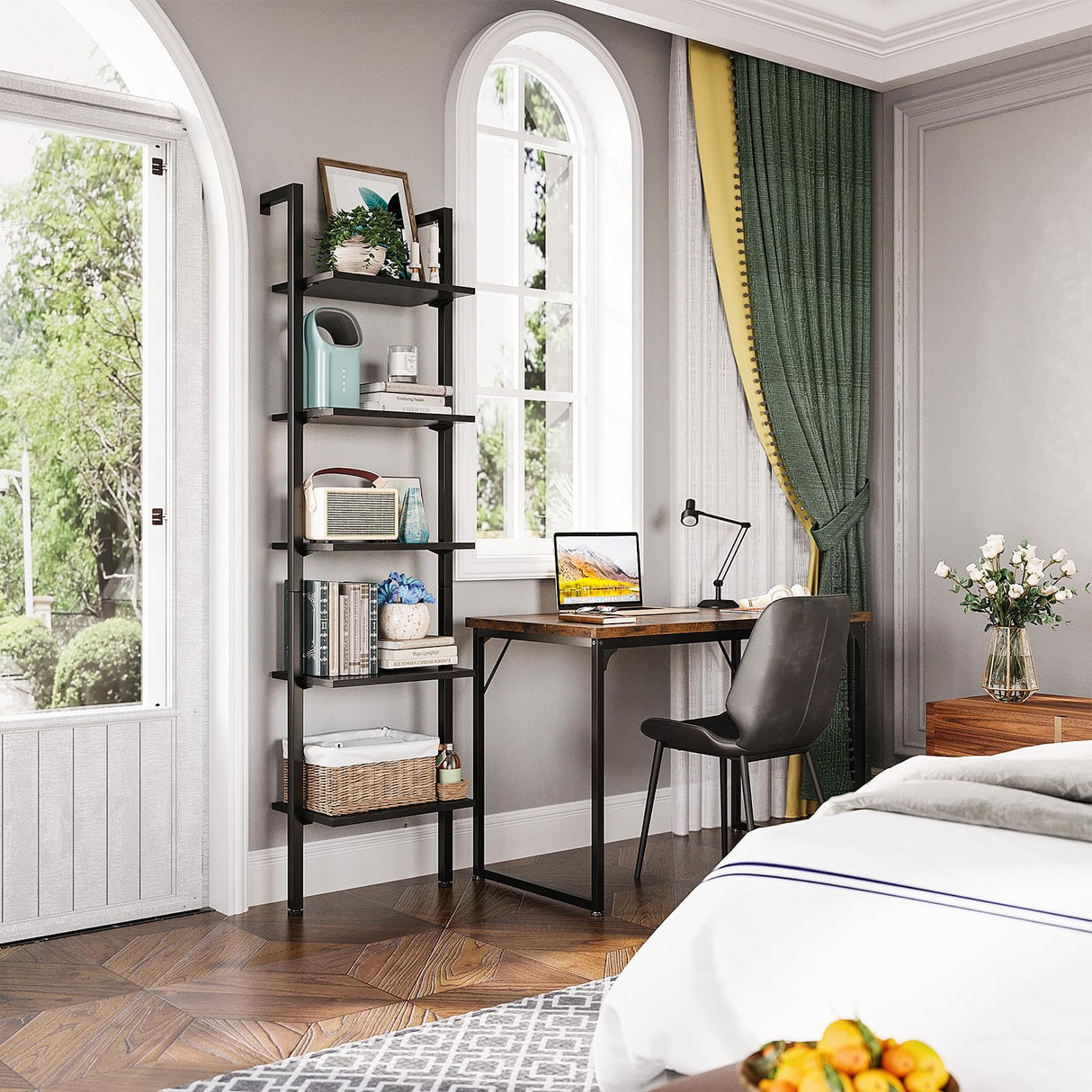 ODK 5-Tier Ladder Bookcase, Industrial Storage Shelf with Metal Frame for Living Room, Home Office, Kitchen & Bedroom, Space Saving Freestanding Organizer Rack, Black (8" D x 16" W x 74" H) ODK