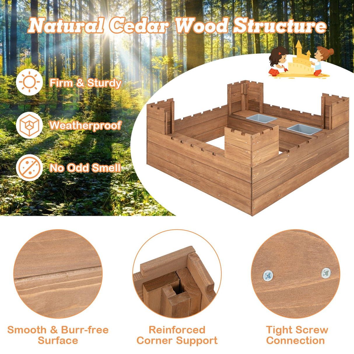 HONEY JOY Sandbox with Sand Wall, Cedar Bottomless Sand Pit for Backyard, 4 Red Flags & Bottom Liner, Side Bench & 2 Boxes, Wooden Sand Boxes for Kids Outdoor, Gift for Boys Girls HONEY JOY