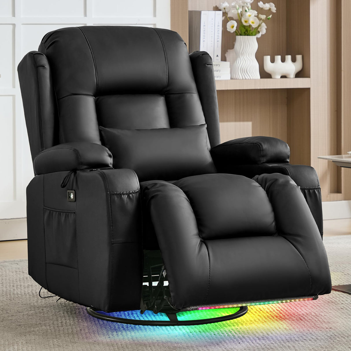 URRED Rocker Recliner Chair for Adults, 360° Swivel Glider Reclining Single Sofa with LED Ambient Light, Cup Holders and Side Pockets, Faux Leather Recliner for Living Room or Home Theater, Black URRED