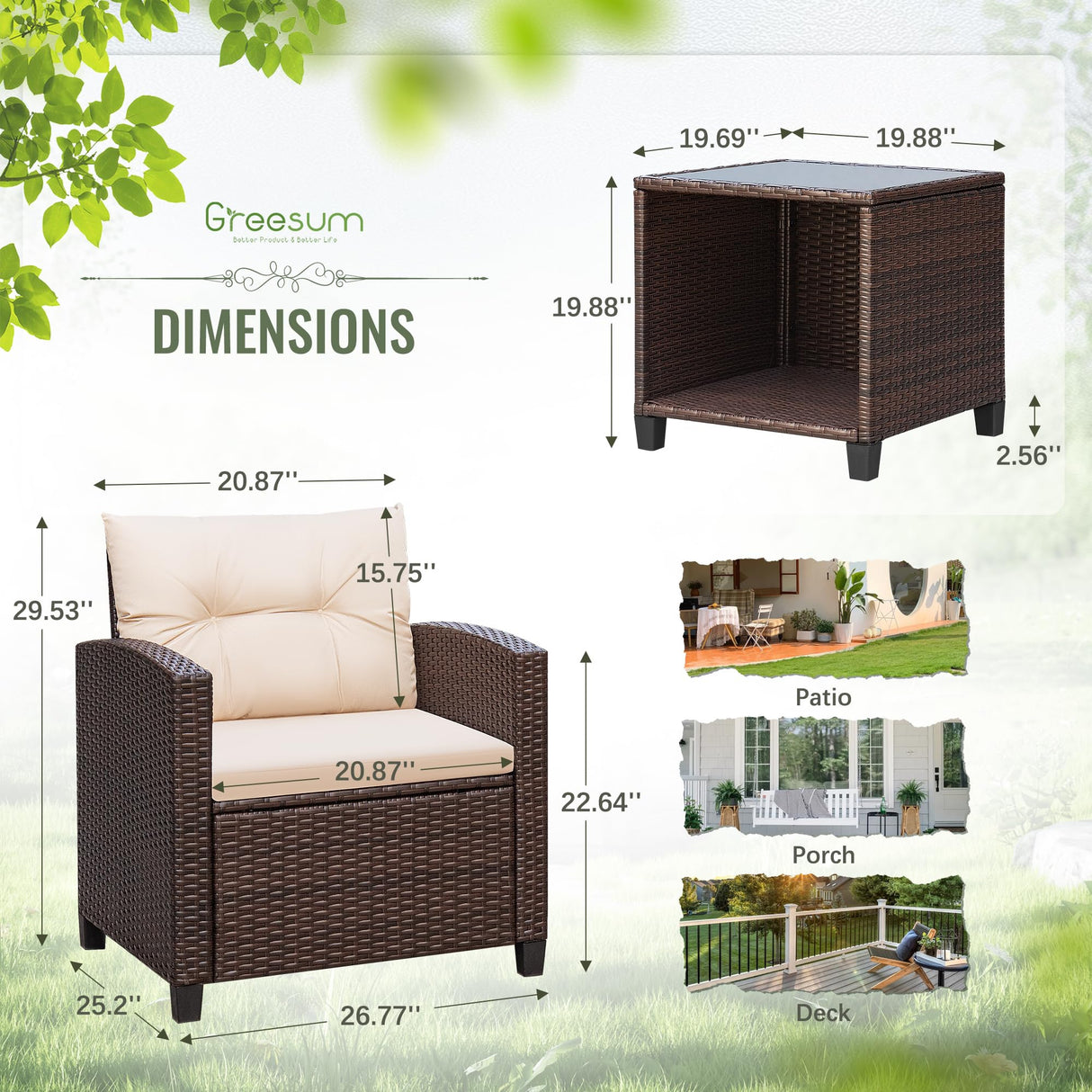 Greesum 3 Pieces Patio Furniture Sets Outdoor PE Rattan Wicker Chairs with Soft Cushion and Glass Coffee Table for Garden Backyard Porch Poolside, Beige Greesum