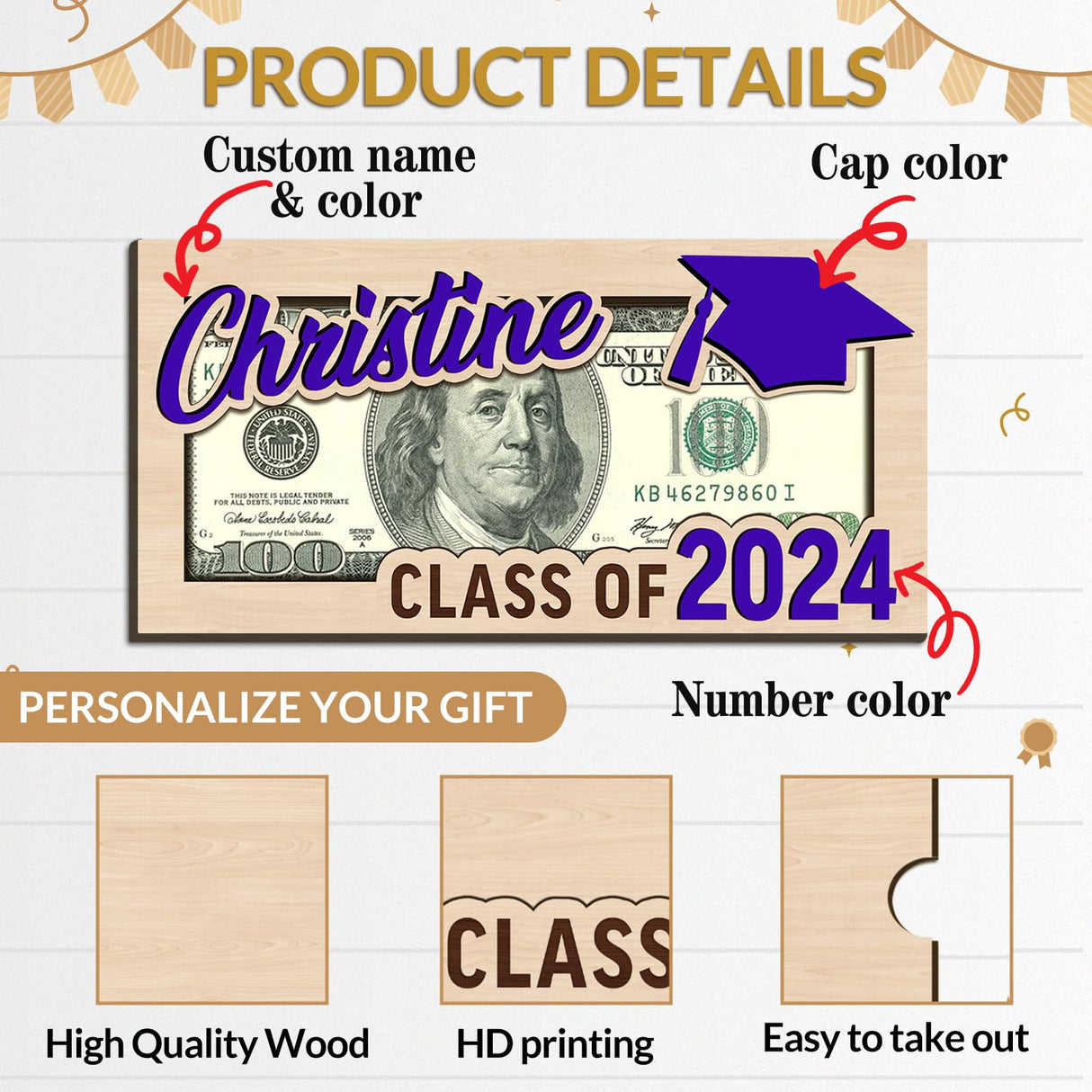 Bliver Personalized Graduation Money Holder Custom Wooden Graduation Card Box Cash Holder Envelope Class of 2024 Senior Money Gift for Graduates Bliver