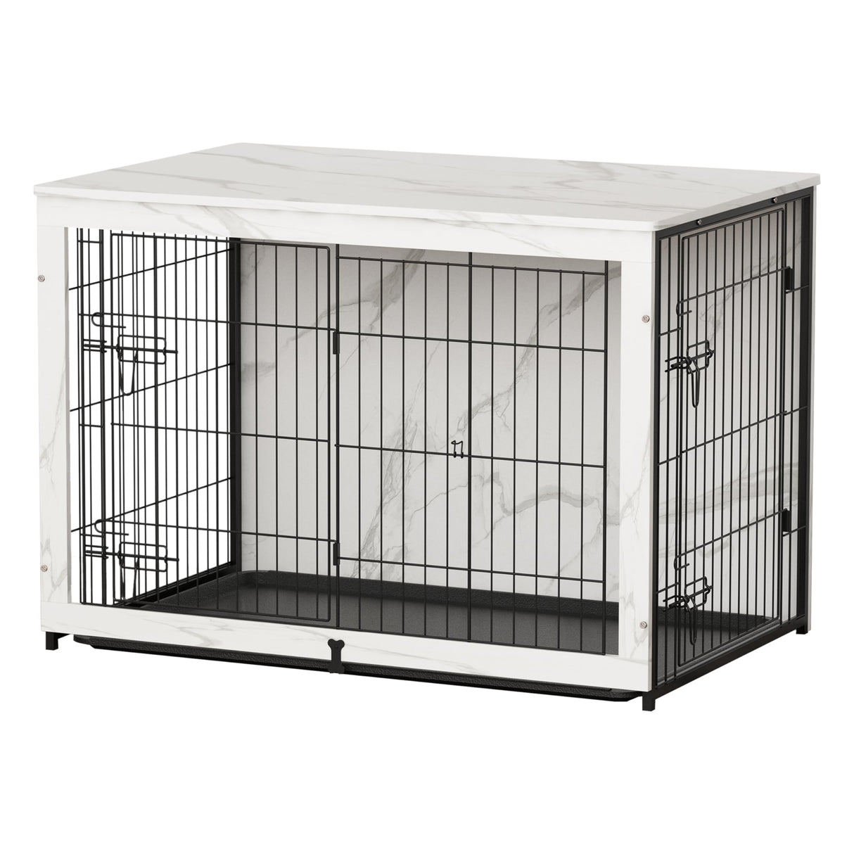 Megidok Wooden Dog Crate Furniture with Cushion, Dog Crate End Table with Tray, Double Doors Dog Crate(*L:43.1" L*28.6" W*30.3" H, Marble White) Megidok