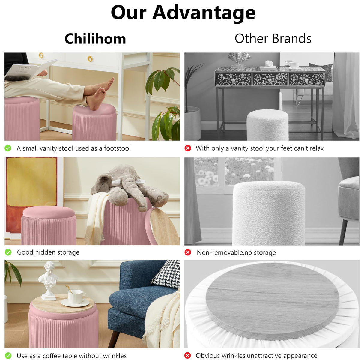 Chilihom Pink Ottoman with Storage Set of 2 Velvet Upholstered Round Vanity Stool Footrest for Makeup Multifunction Support 300lbs Modern Ottoman Coffee Table Padded Seat for Living Room&Bedroom Chilihom