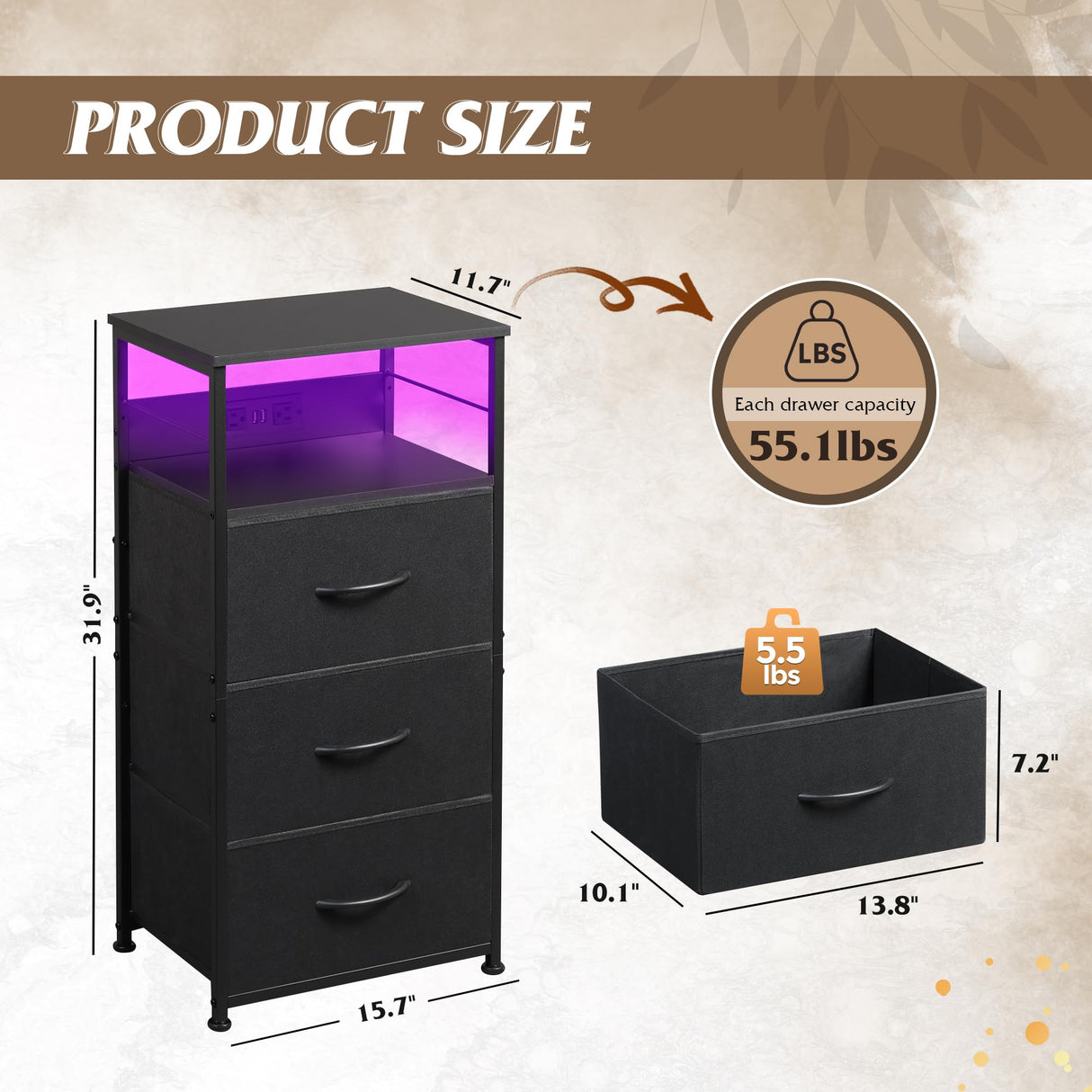 WLIVE LED Nightstand with Charging Station, Black Night Stand with 3 Fabric Drawers and Storage Shelf, Small Dresser for Small Space, 31.9" H Bedside Table with USB Ports and Outlets for Bedroom WLIVE