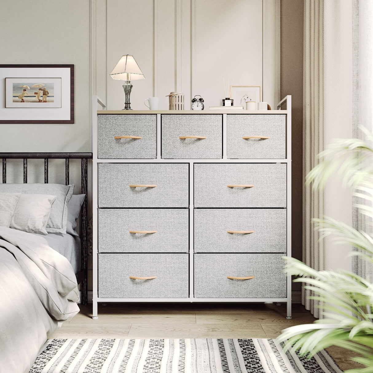 YITAHOME 9-Drawer Fabric Dresser, Furniture Storage Tower Cabinet, Organizer for Bedroom, Living Room, Hallway, Closet & Nursery, Sturdy Steel Frame, Wooden Top, Easy-to-Pull Fabric Bins(Light Grey) YITAHOME