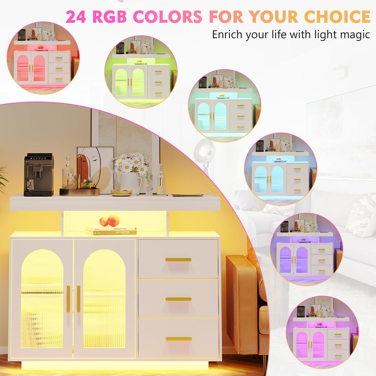 JDPAG Sideboard Buffet Cabinet with Wireless Charging Station 40", LED Side Board with 24 RGB Dimmable Lights, Coffee Bar Cabinet with 3 Drawers Storage for Kitchen, Living Room JDPAG