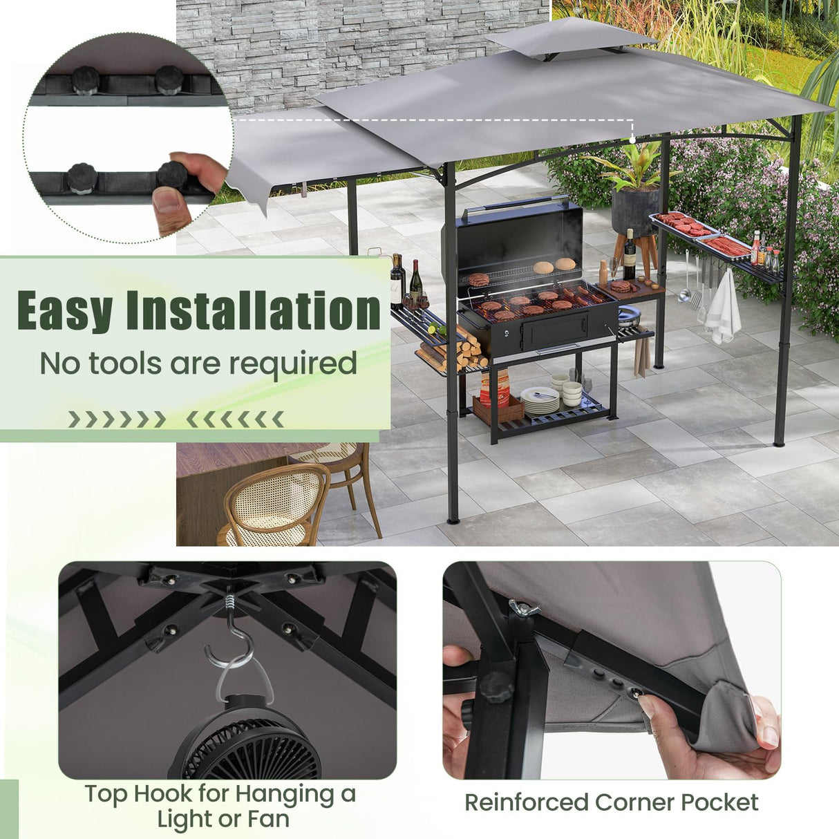 CLEEMAN Grill Gazebo,10.5 x 5 FT Grill Canopy, Double-Tiered Top, 2 Side Shelves, Extended Side Awnings &12 Hanging Hooks, BBQ Metal Gazebo, Grill Tent, Outdoor Gazebo for Patio Backyard Garden CLEEMAN