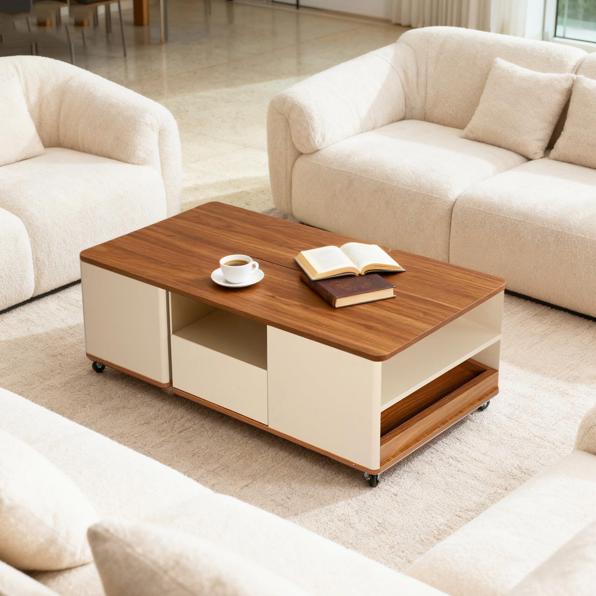 vnekjse Modular Coffee Table Set of 2 with Wheels, Convertible Farmhouse Wood Center Table with Drawer, End Tables Space Saving Flexible Layout for Small Living Room, Apartment vnekjse