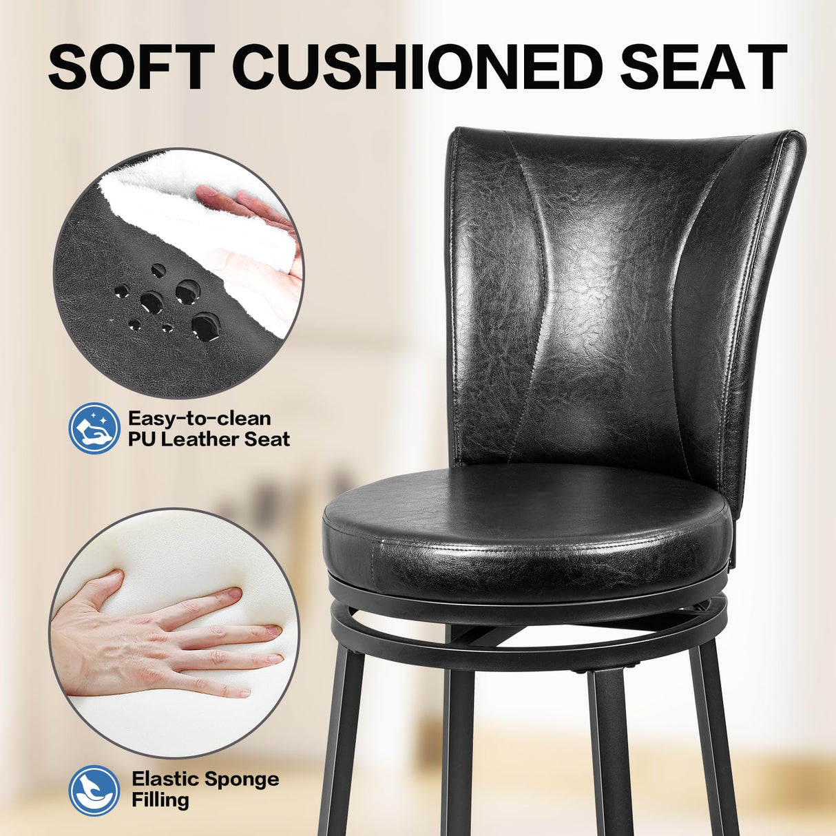 FLYZC Bar Stools Set of 2, Counter Height Swivel Bar Chair with High Backrest, 24" Round Seat Barstools for Kitchen Island, Pub, Metal Base, Upholstered PU Leather Dining Chairs Black FLYZC