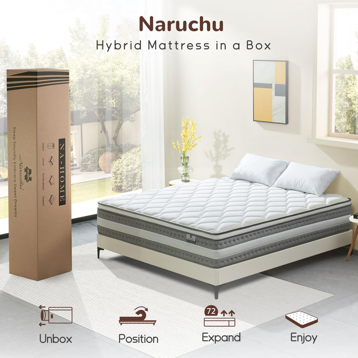 Naruchu Queen Mattress, 14 Inch Hybrid Mattresses in a Box, Individually Wrapped Pocket Coils for Isolate Motion, Gel Memory Foam, Medium Firm Support, Pressure Relief, CertiPUR-US Naruchu