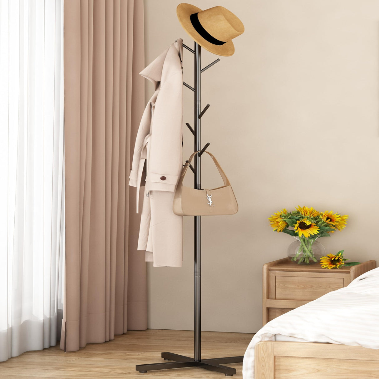 Wisdom Star Metal Coat Rack Freestanding, Hall Tree Coat Rack Stand, Heavy Duty Clothes Rack, Corner Hanging Clothes Rack for Jacket, Hats, Bags, Entryway, Living Room, Bedroom, Home Office, Black Wisdom Star