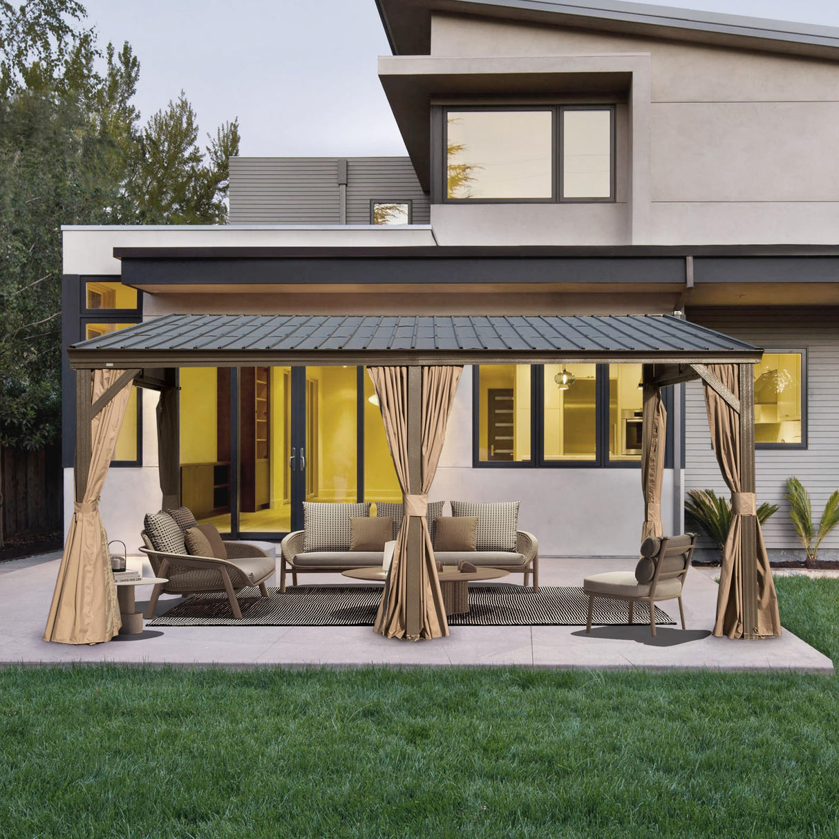 SHPAI 12’ x 16’ Lean to Gazebo, Outdoor Wall Mounted Gazebo Aluminum Frame, Hardtop Pergola with Galvanized Steel Sloping Roof for Patio Deck Garden Backyard, Curtain and Netting Included SHPAI