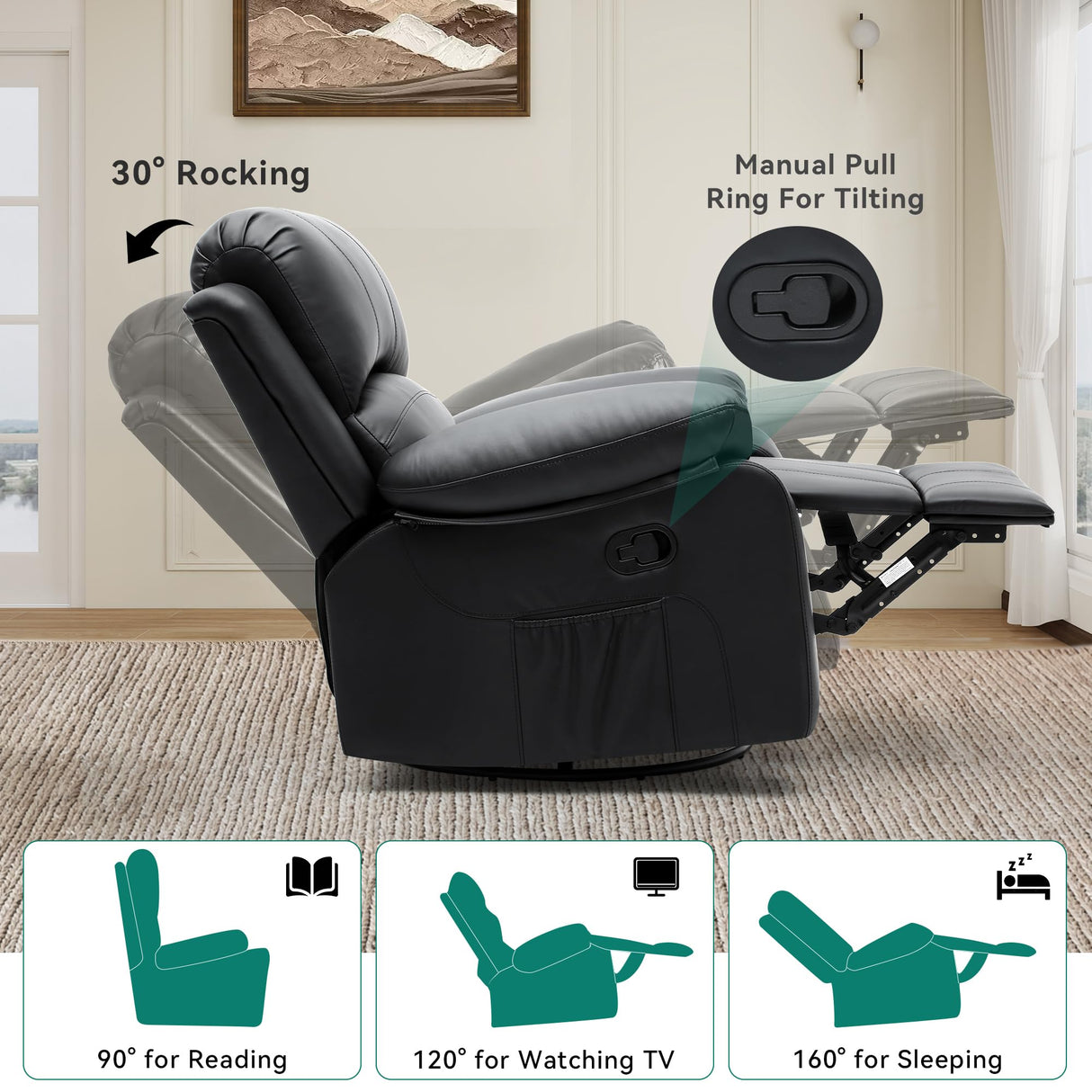 YITAHOME Rocker Recliner Chair with Heat & Massage, Faux Leather Recliner with Overstuffed Armrest, 360° Swivel, Manual Reclining, Rocking Function & Side Pocket for Living Room,Black1 YITAHOME