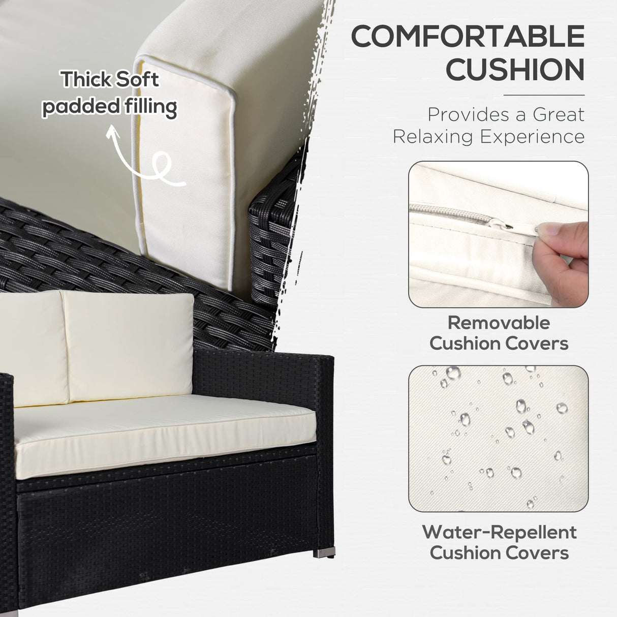 Outsunny 4 Piece Wicker Patio Furniture Set with Cushions, Outdoor Sectional Furniture with 2 Sofa, Loveseat, and Glass Top Coffee Table, Conversation Sofa Sets for Garden, White Outsunny