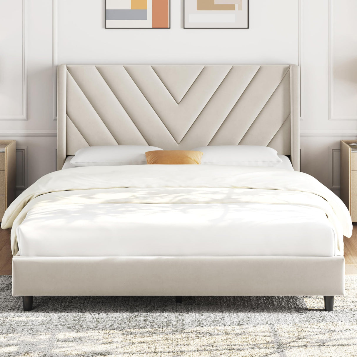 Yaheetech Full Bed Frame Upholstered Platform Bed with Wing Side Tufted Headboard/Sturdy Wooden Slat Support/No Box Spring Needed/Mattress Foundation,Beige Full Bed Yaheetech