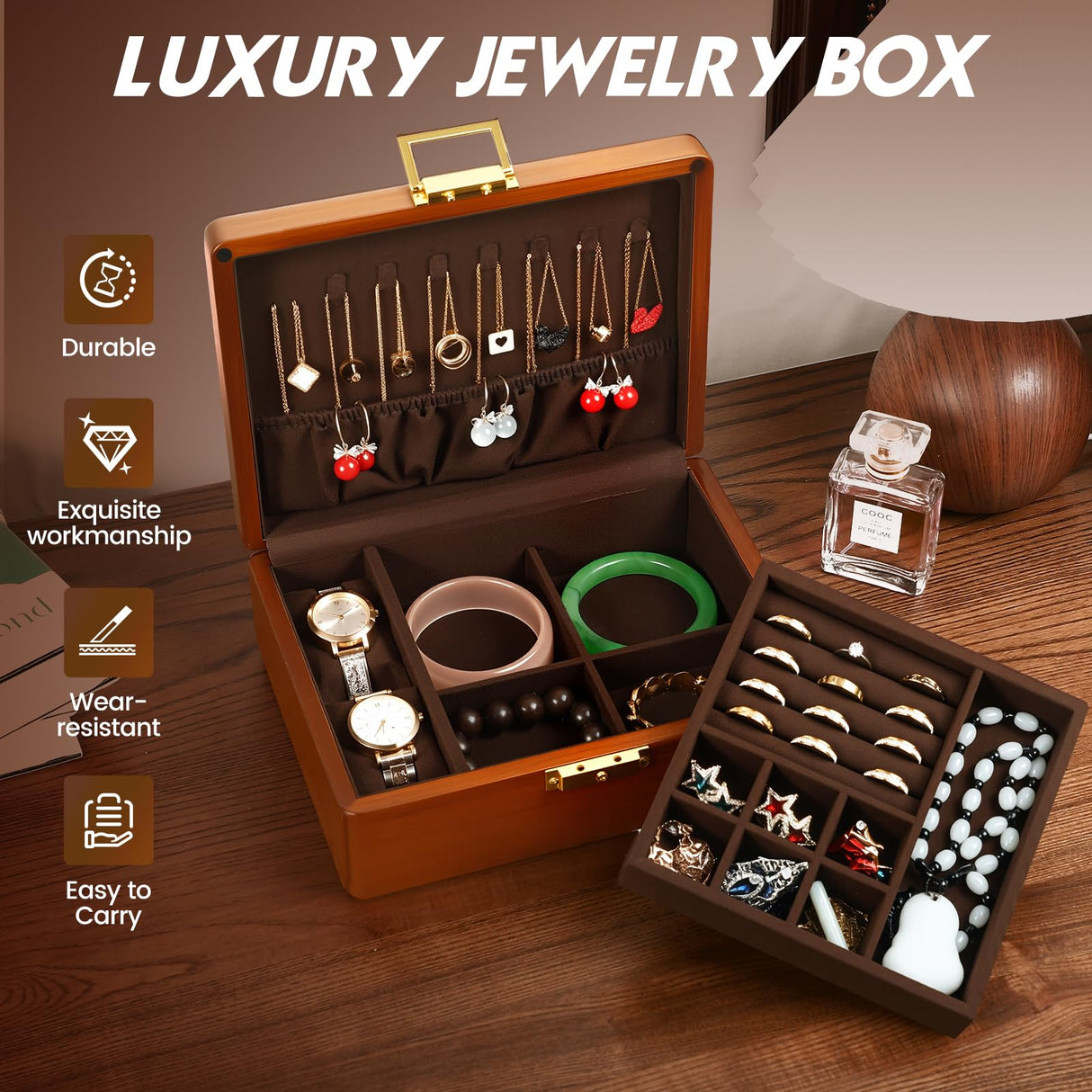LIBOLXSP Solid Walnut Wood Jewelry Box with Lock,2 Layer Velvet Lined for Earrings Rings Necklaces Bracelets Watches,Both Style and Security, for Men Women,Vintage Brown LIBOLXSP