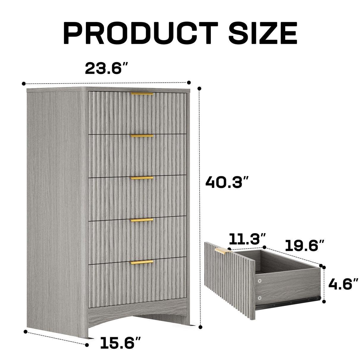 Marsail 5 Drawer Tall Wooden Dresser with Smooth-Glide Drawers, Modern Storage Solution for Bedrooms and Hallway, Featuring Large Capacity and an Elegant Natural Wood Finish, Light Grey Marsail