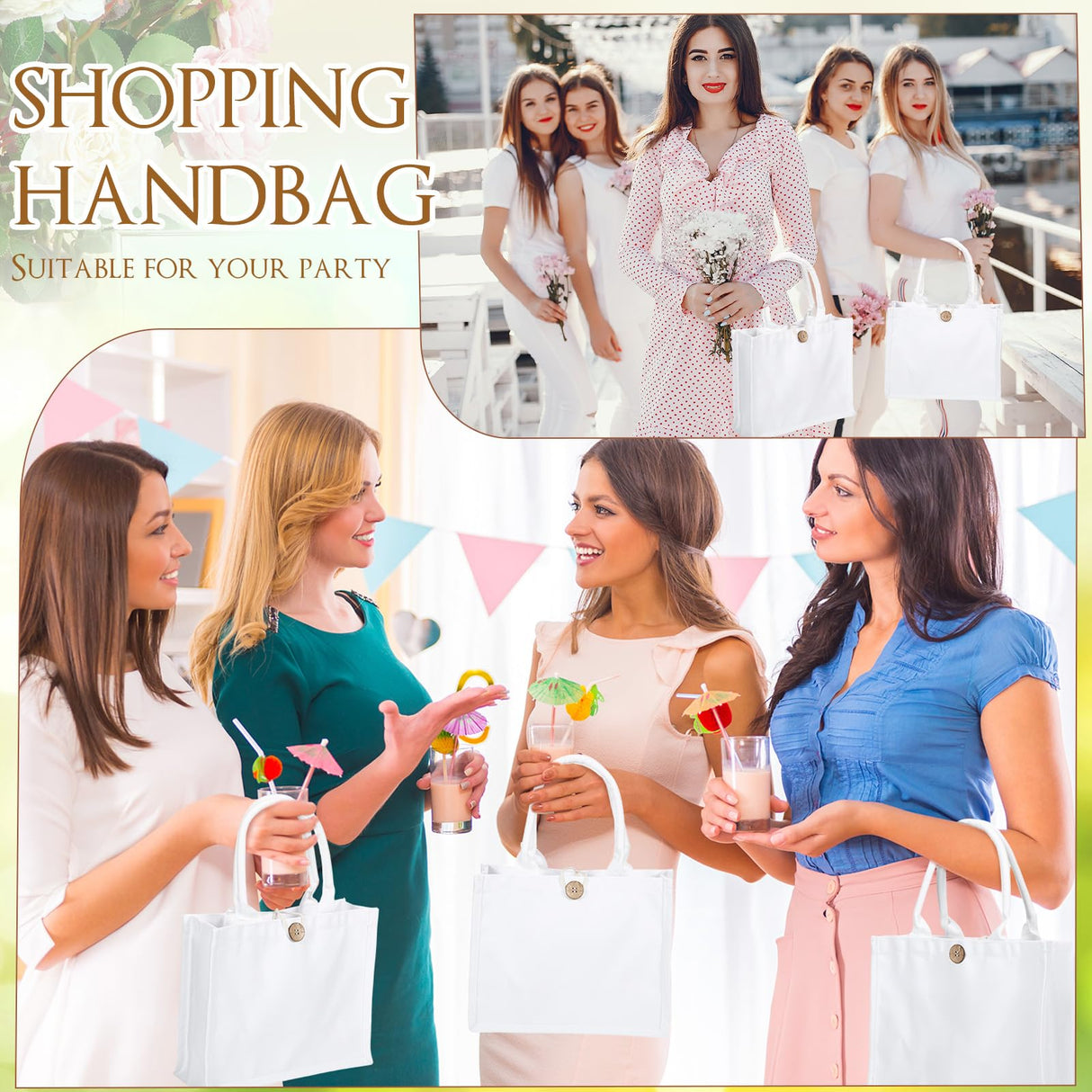 Aliceset 6 Pcs White Blank Sublimation Polyester Tote Bags with Handles Reusable Waterproof Shopping Grocery Bag Personalizing DIY Gift Bag for Wedding Valentine's Day DIY Craft, 12 x 10 x 4 Inch Aliceset