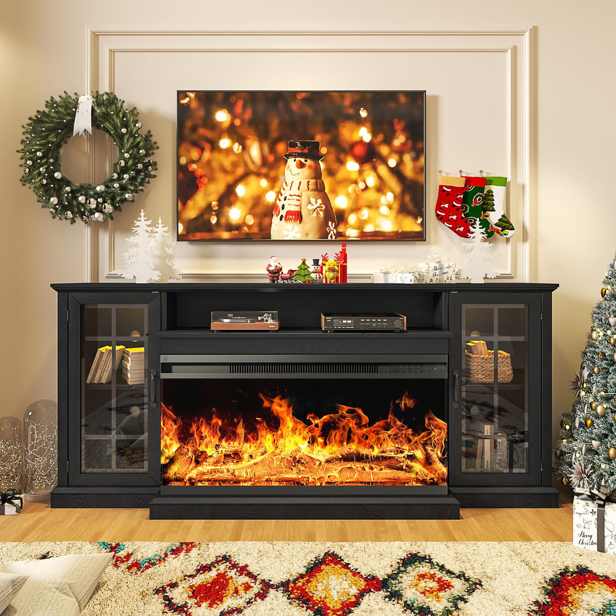 oneinmil 36 Inch 3-Sided Glass Fireplace TV Stand for TVs up to 80", Rustic Media Entertainment Center Console Table with Glass Door Closed Storage, Set of TV Table, Black oneinmil