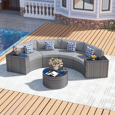 ABCASA Outdoor Patio Furniture Set with Coffee Table,7 Pieces Half-Moon Curved Outdoor Sectional Sofa and Side Table Waterproof Cover, Wicker Rattan Patio Coversation Set for Porch,Backyard,Pool(Grey)