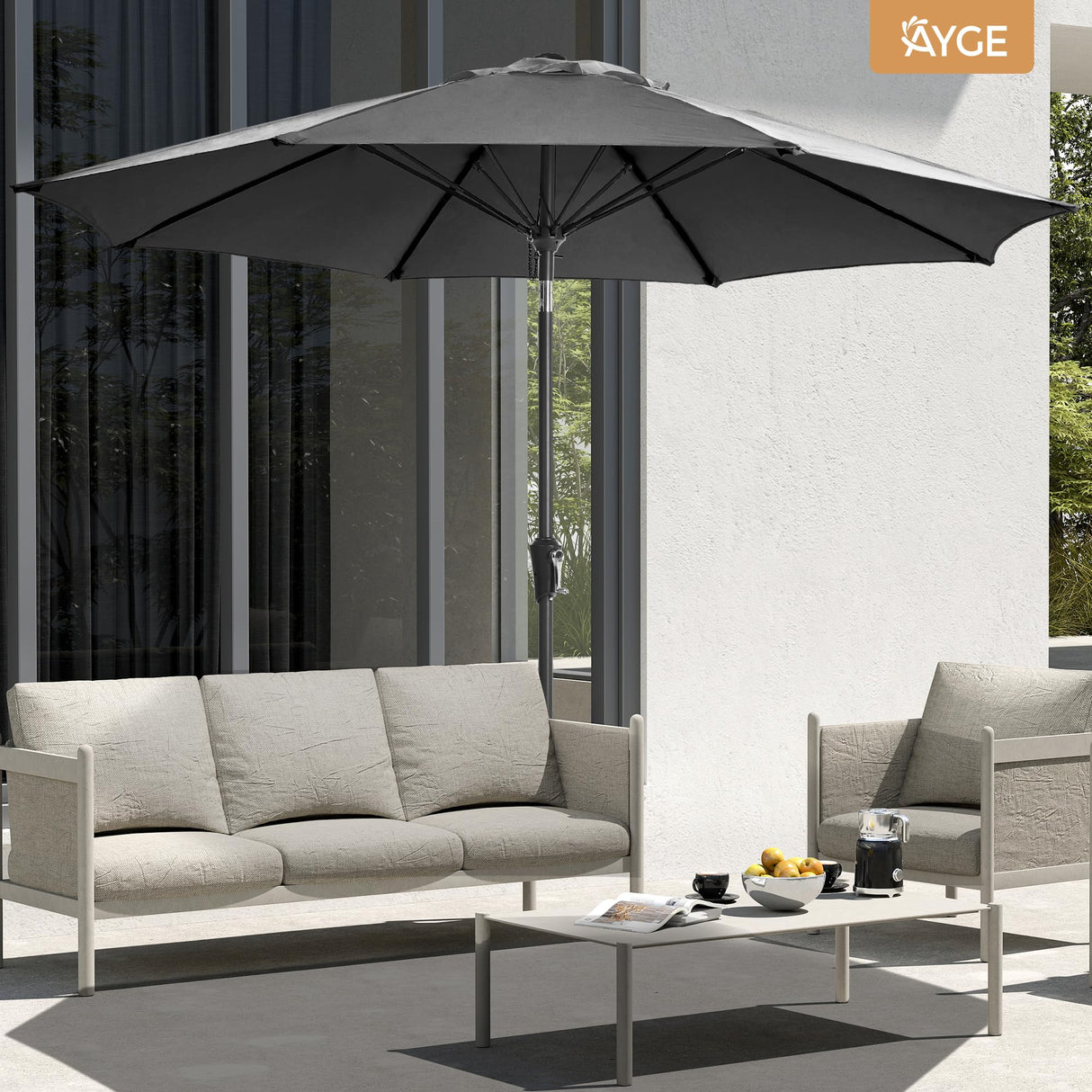Ayge 9FT Large Outdoor Patio Umbrella Market Table Umbrella-UV Resistant, Easy Push Button Tilt and Crank, 8 Sturdy Fiberglass Ribs Heavy-Duty Pool Umbrella for Deck, Backyard,Garden, Yard,Black Ayge