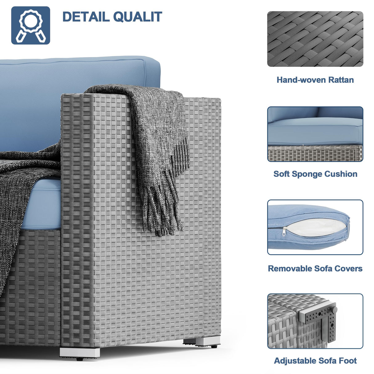 SUNCROWN Outdoor Patio Furniture Set 8 Piece Outdoor Sectional Sofa Grey Wicker Conversation Sofa Set with Coffee Table, Cushions and Fire Pit Table, Light Blue SUNCROWN