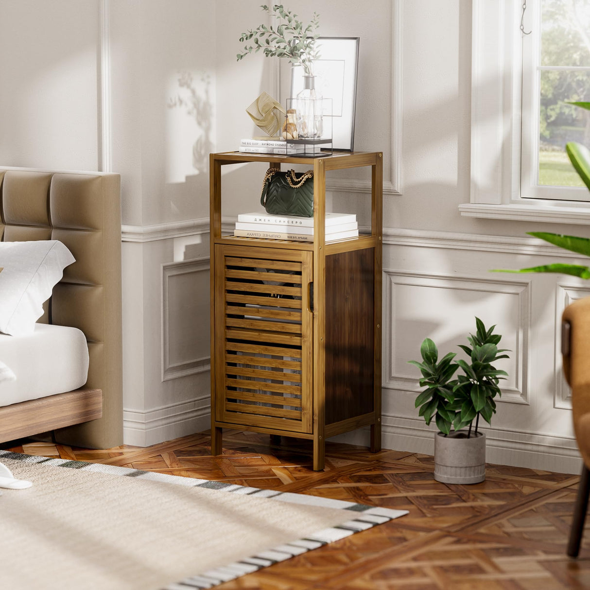 HITNET Bathroom Cabinet, Bamboo Floor Cabinet Free Standing, 4 Tier Sofa Side Storage Cupboard for Living Room Kitchen Bedroom, Walnut HITNET