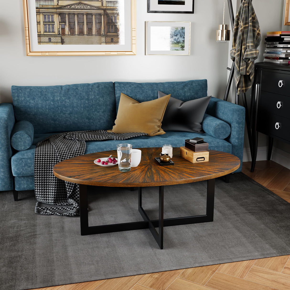 Oval Coffee Table for Living Room, Solid Wood Coffee Tables and Sturdy Metal Legs, Mid Century Modern Coffee Table, Designed Home Furniture, Center Large Circle Coffee Table MIAUWUUFHOME