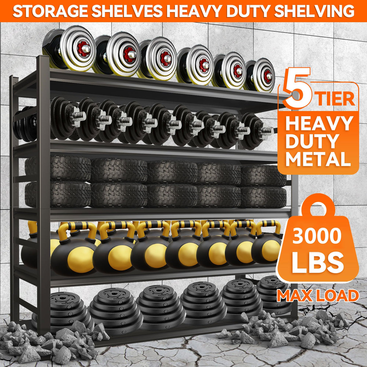 Garage Shelving Heavy Duty Metal Storage Rack - Easy to Assemble, Adjustable 5-Tier Steel Shelving Unit for Tools, Equipment & Boxes, Double-Thickened Columns, 2000 lbs Capacity, 72"H × 48"W × 24"D Notmise