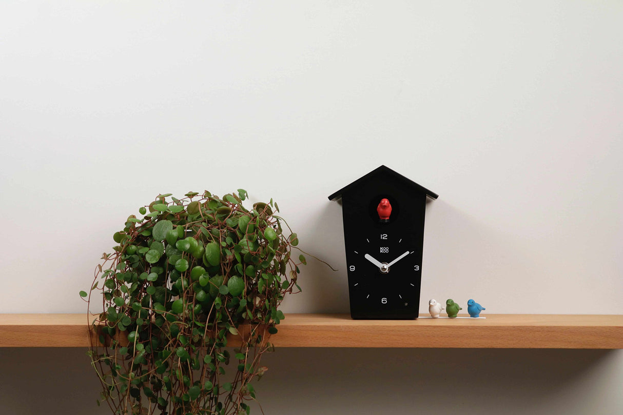KOOKOO Birdhouse Mini Black, Tiny Modern Cuckoo Clock with 12 Natural Bird Songs or Cuckoo Call KOOKOO