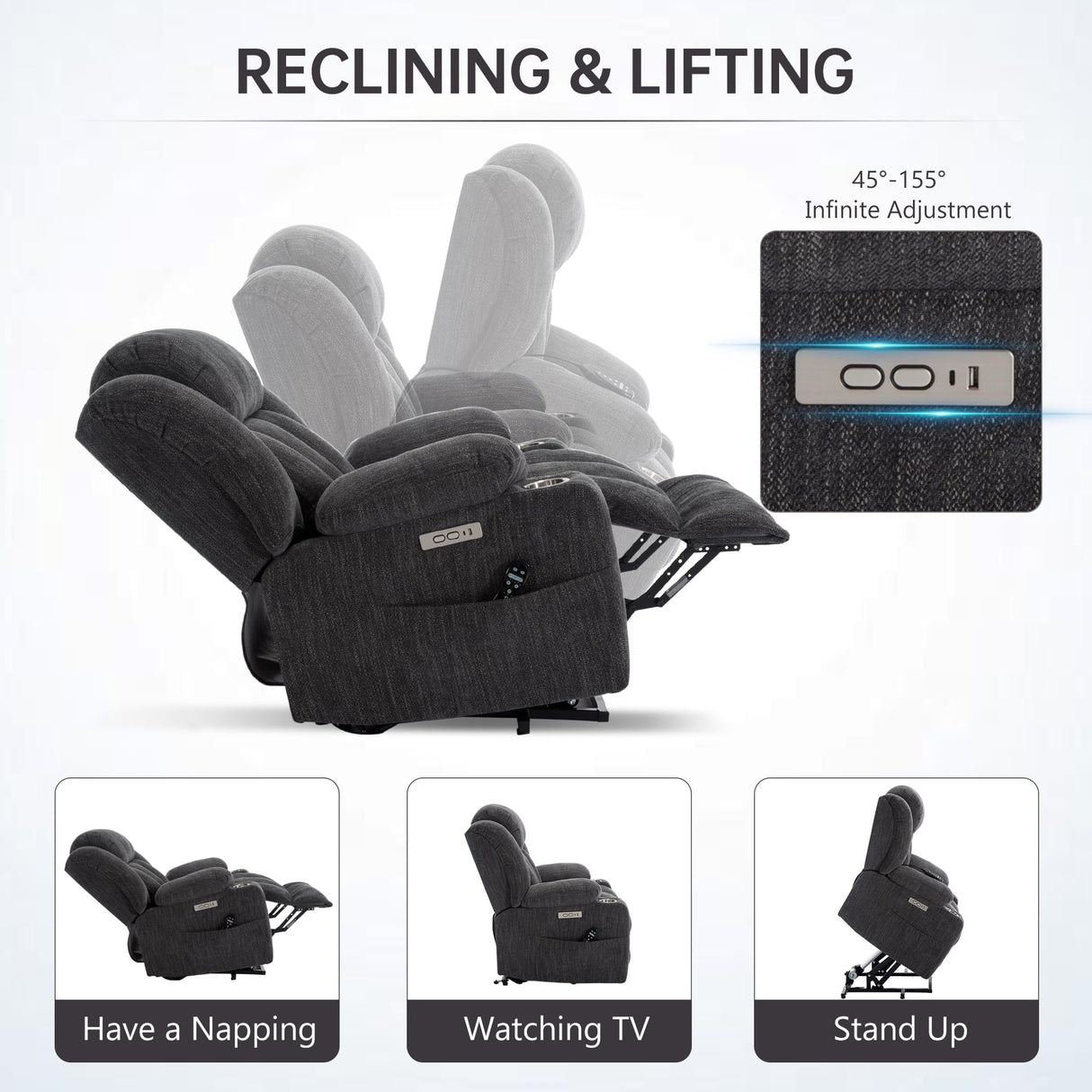 2024 Power Lift Recliner Chair with Full-Body Massage and Heat for Elderly, Hand Remote Control, Upgraded Powerful Motor, Extended Footrest, USB Ports, Stainless Steel Cup Holders, Chenille Grey Trustyue