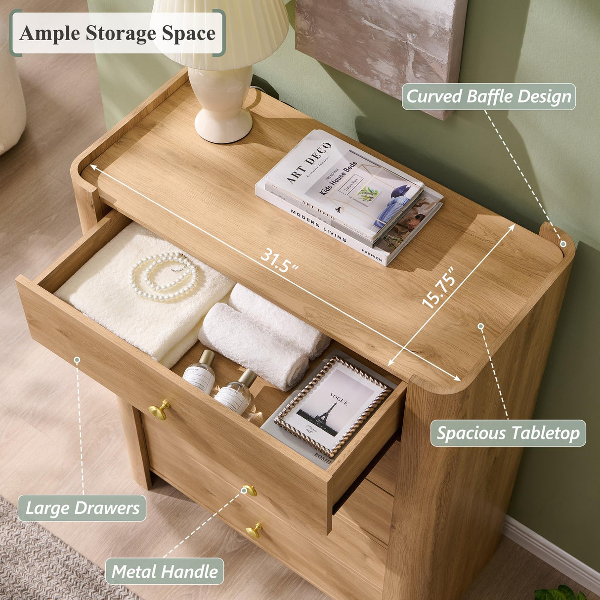 IFGET Modern 5 Drawer Dresser for Bedroom, Wooden Chest of Drawers with Curved Profile Design, 39.6" Tall Wood Dresser with Golden Metal Handle for Bedroom, Living Room, Hallway, Natural IFGET