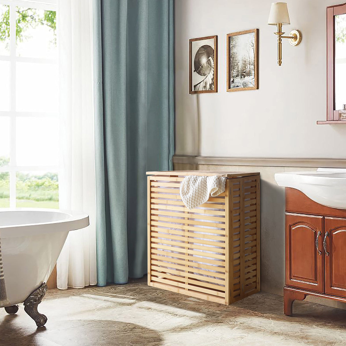 VEIKOU Hamper with Lid, Bamboo Laundry Hamper 2 Compartment, Divider Dirty Clothes Hamper, 120L Large Foldable Laundry Hamper with Removable Liners Bags VEIKOU