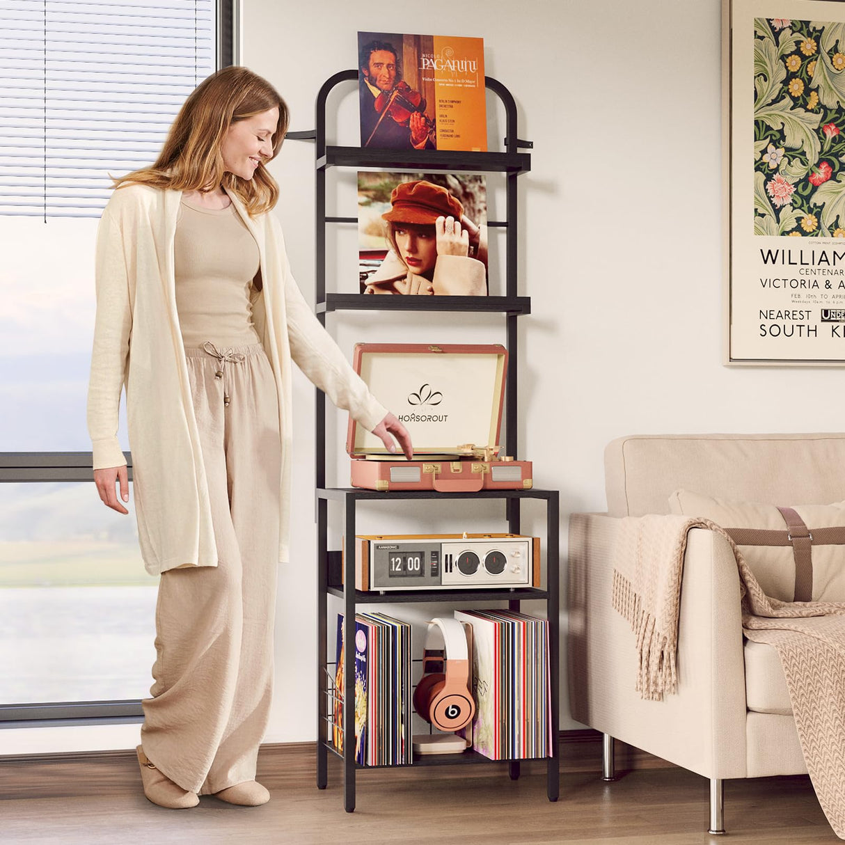 Homsorout Record Player Stand with Vinyl Storage - 5-Tier Turntable Table with Adjustable Feet, Metal & Wood Cabinet - Console Organizer Display Shelf for Living Room, Apartment Homsorout