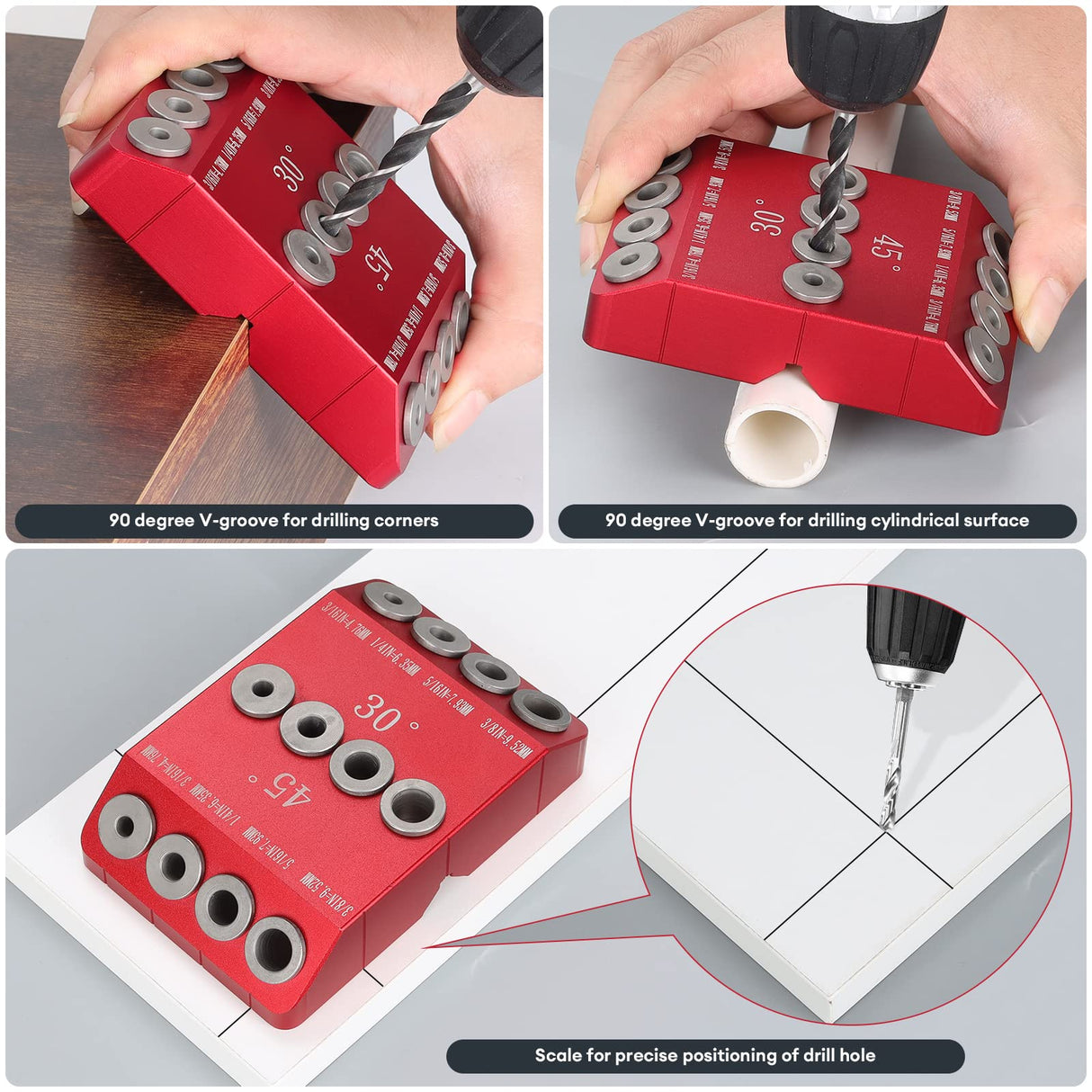 SLIIMU 30 45 90 Degree Angle 4 Sizes Drill Hole Guide Jig for Angled and Straight Hole, Portable Deck Cable Railing Lag Screw Drilling Template Block For Horizontal Cable Wood Post,Stair Wire Handrail SLIIMU